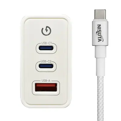 Vista lateral de Cargador 65W Usb-C Pd X 2 + Usb-A Qc Carga Rapida Nisuta Con Cable