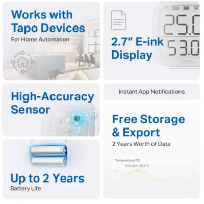 Detalles accesorios de Sensor Inteligente de Temperatura y Humedad TP-Link TAPO T315