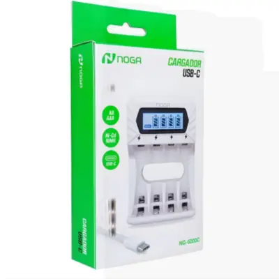 Vista lateral de Cargador Para 4 Pilas Aa Aaa Noga NG-6000C USB-C con display de carga