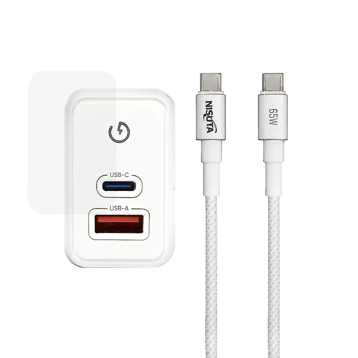 Vista lateral de Cargador 45W Usb-C Pd + Usb-A Qc Carga Rapida Nisuta con Cable USB-C
