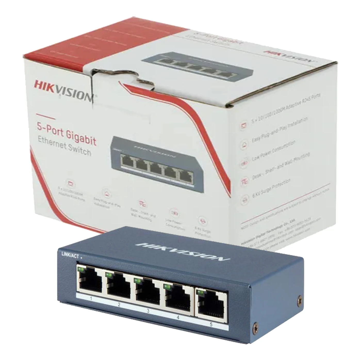 Detalles accesorios de Switch 5 Puertos Gigabit Hikvision DS-3E0505-O