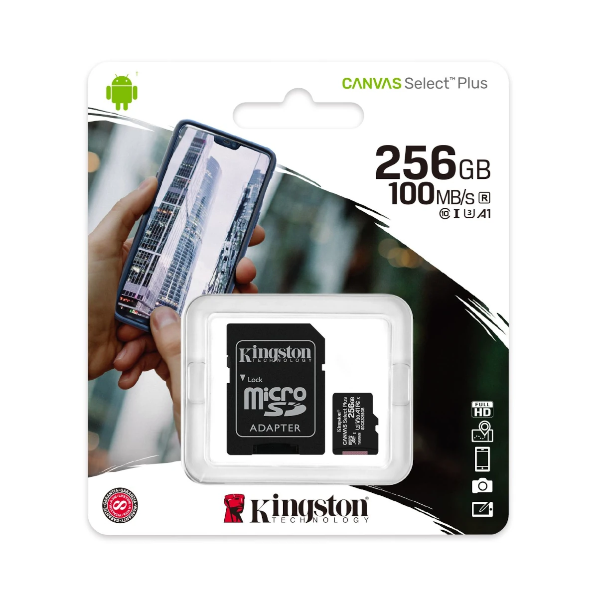 Detalles accesorios de Memoria Micro Sd 256Gb Kingston Cl10 Canvas Select Plus C/Adaptador 100 Mb/S