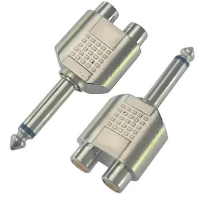 Detalles accesorios de Adaptador Plug 6,5 Mono Macho A 2 Rca Hembra Plastico Plateado