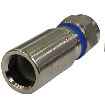 Vista lateral de Conector F Crimpeable Compresion Para Cable Rg6 Aro Azul