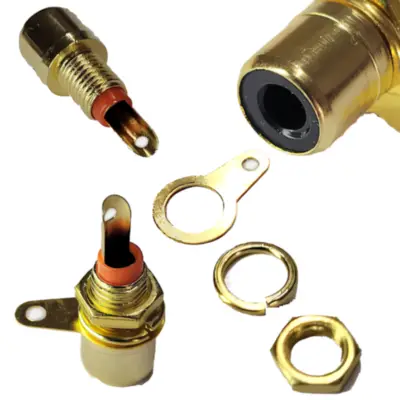 Detalles accesorios de Conector Ficha Rca Hembra Metal Dorada Rosca Chasis Negro