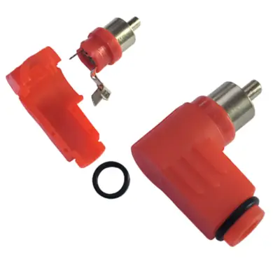 Detalles accesorios de Conector Ficha Rca Macho 90 Grados Plastico Rojo
