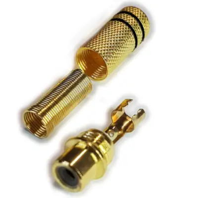 Vista lateral de Conector Ficha Rca Hembra Metal Dorada Aro Negro