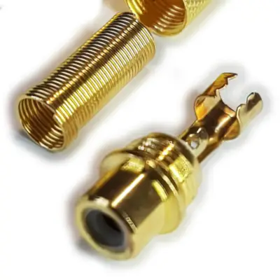 Detalles accesorios de Conector Ficha Rca Hembra Metal Dorada Aro Negro