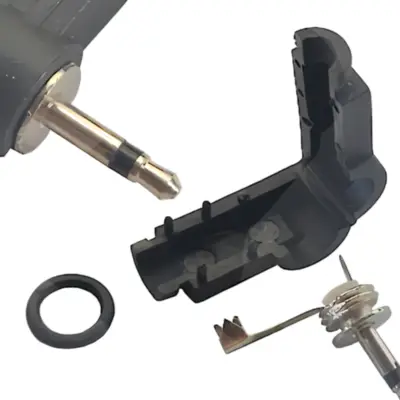 Detalles accesorios de Conector Ficha Miniplug 2,5 Macho Mono Plastico 90 Grados Negro