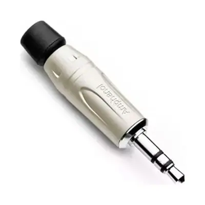 Vista lateral de Conector Ficha Miniplug 3,5 Macho Estereo Amphenol Metal Plata