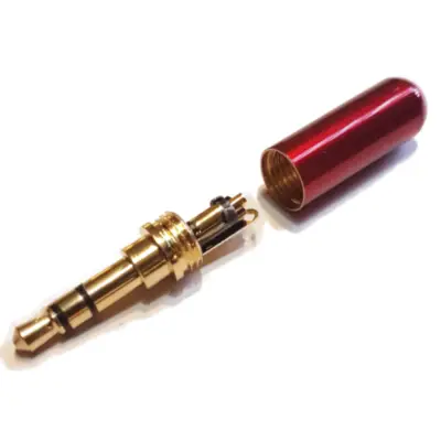 Vista lateral de Conector Ficha Miniplug 3,5 Macho Estereo Cuerpo Compacto Rojo 7Mm Diam