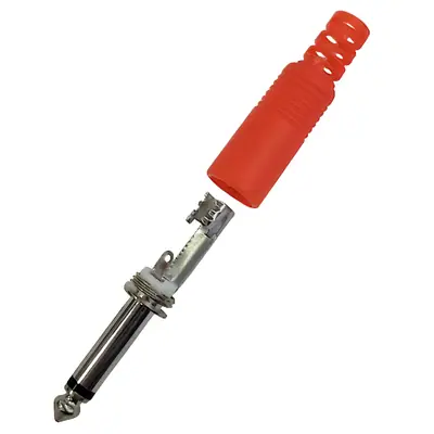 Vista lateral de Conector Ficha Mono Plug 6,5 Macho Plastico Rojo