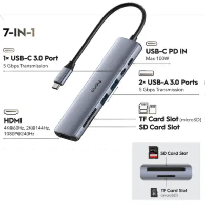 Vista lateral de Hub Usb C 3.0 7 Puertos 1xHdmi / 2xUsb-A / 2xUsb-C / 1xSD / 1xTF