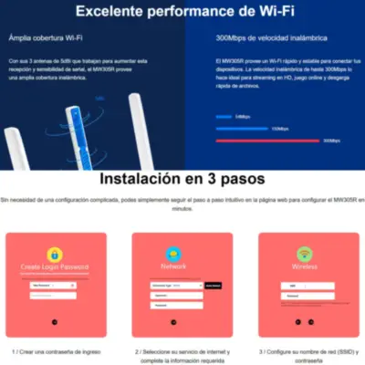 Detalles accesorios de Extensor Repetidor Y Router Wifi 300Mbps 3Pto 3Ant Fija 5Dbi Mercusys MW305R