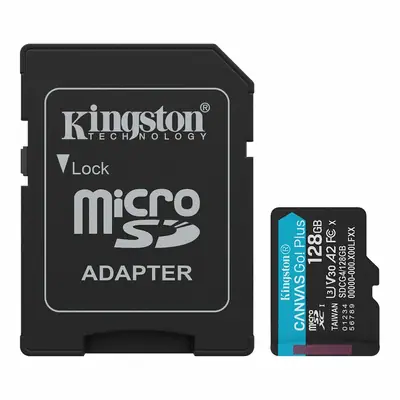 Vista lateral de Memoria Micro Sd 128Gb Kingston Cl10 Canvas Go Plus C/Adaptador 200 Mb/S
