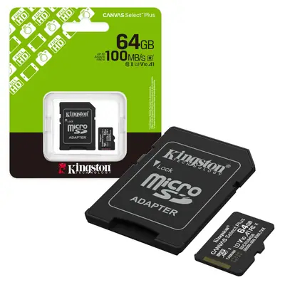 Detalles accesorios de Memoria MicroSD 64Gb Kingston Cl10 Canvas Select Plus V10 C/Adaptador 100 Mb/S