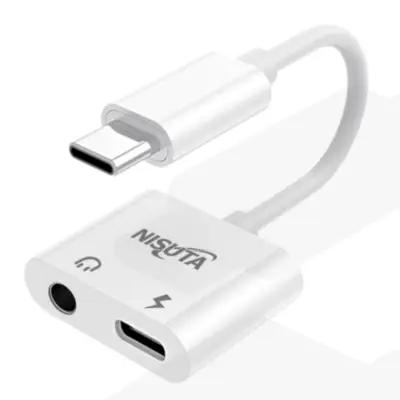 Adaptador Audio Usb-C Macho a Auricular Miniplug Hembra + Usb-C P/Carga Nisuta