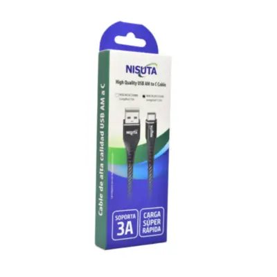 Vista lateral de Cable Usb C Macho / A Macho 1 M Carga Rapida 3A Mallado Negro