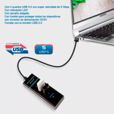 Detalles accesorios de Hub Usb A 3.0 4 Puertos Negro Cable 25Cm