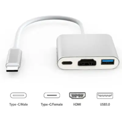 Vista lateral de Hub Usb C 3.0 3 Puertos 1Xhdmi / 1Xusb-A / 1Xusb-C PD