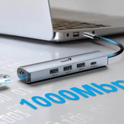 Detalles accesorios de Hub Usb C 3.0 5 Puertos 1Xrj45 / 3Xusb-A / 1Xusb-C (Entrada Poder Auxiliar) Genius Uh-545