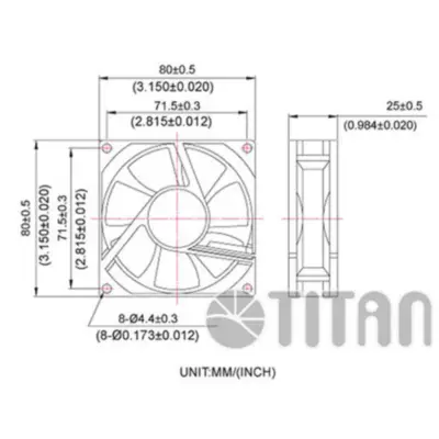 Vista lateral de Ventilador Turbina 80X80X25 Mm 3Pin 2000Rpm Ruleman 24 Volt