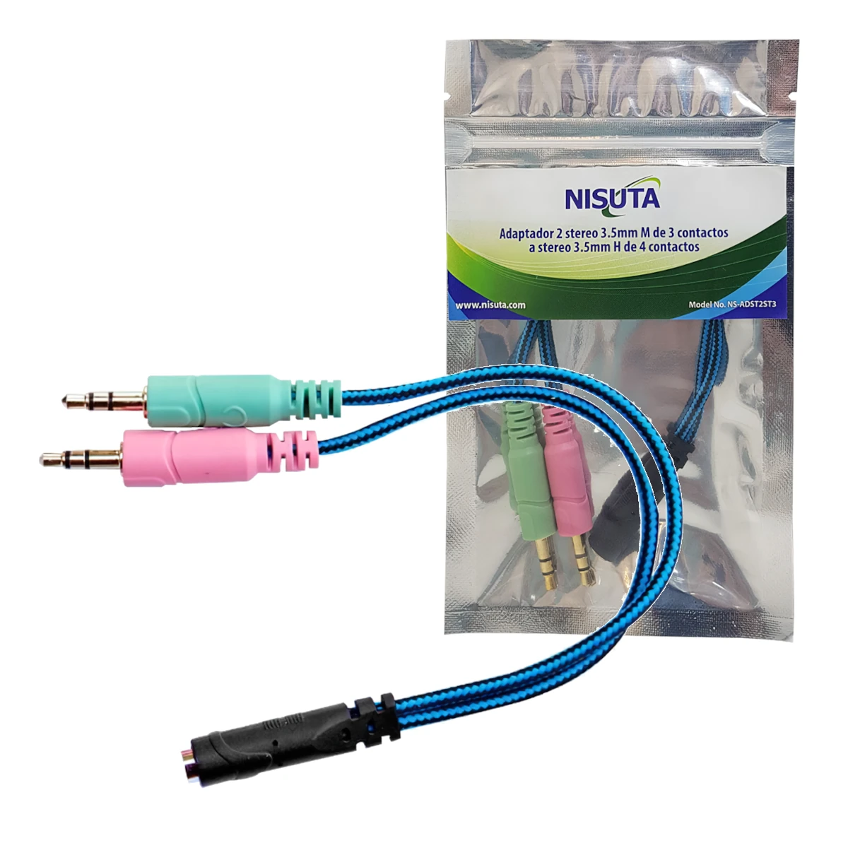 Vista lateral de Separador Miniplug 3,5 Hembra 4 Polos A 2 Miniplug 3,5 Macho St 3 Polos Nisuta