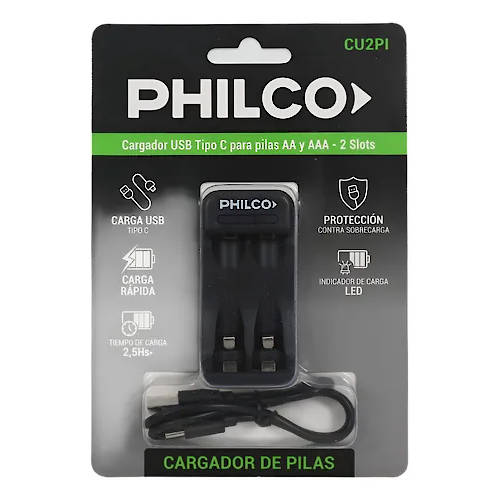 Cargador Para 2 Pilas Aa Aaa Philco CU2PI USB-C