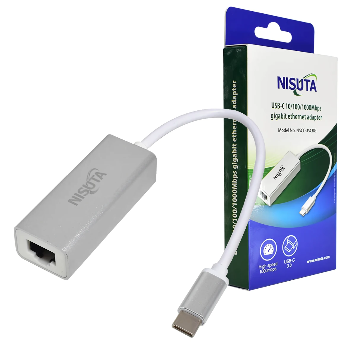 Vista lateral de Adaptador Red Rj45 Usb-C Gigabit Nisuta Nscouscrg