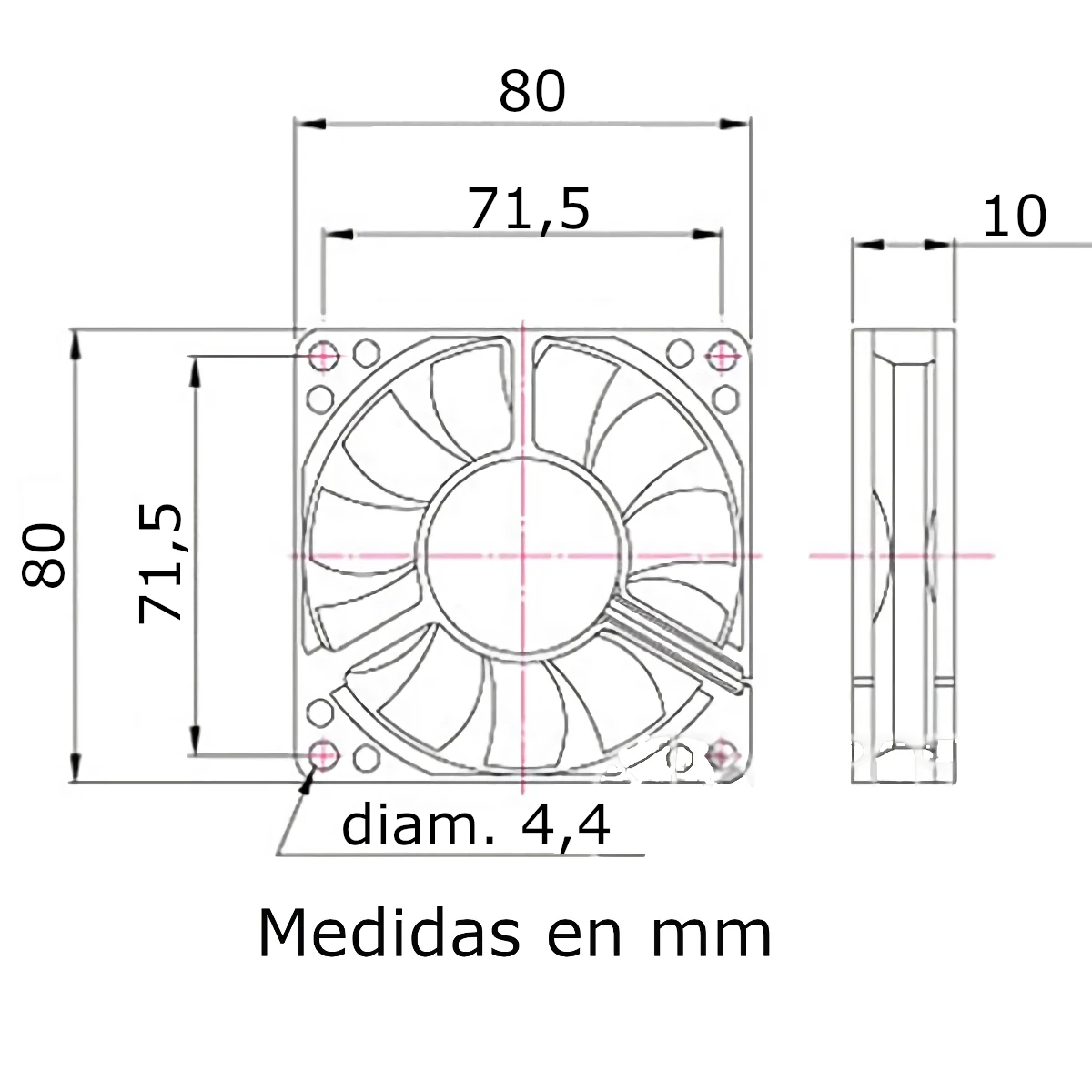 Vista lateral de Fan 80Mm 3Pin 10Mm Espesor 3200Rpm Buje Arwen